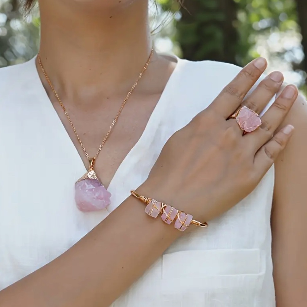 Rose Quartz Necklace Ring Bracelet SET VALENTINE